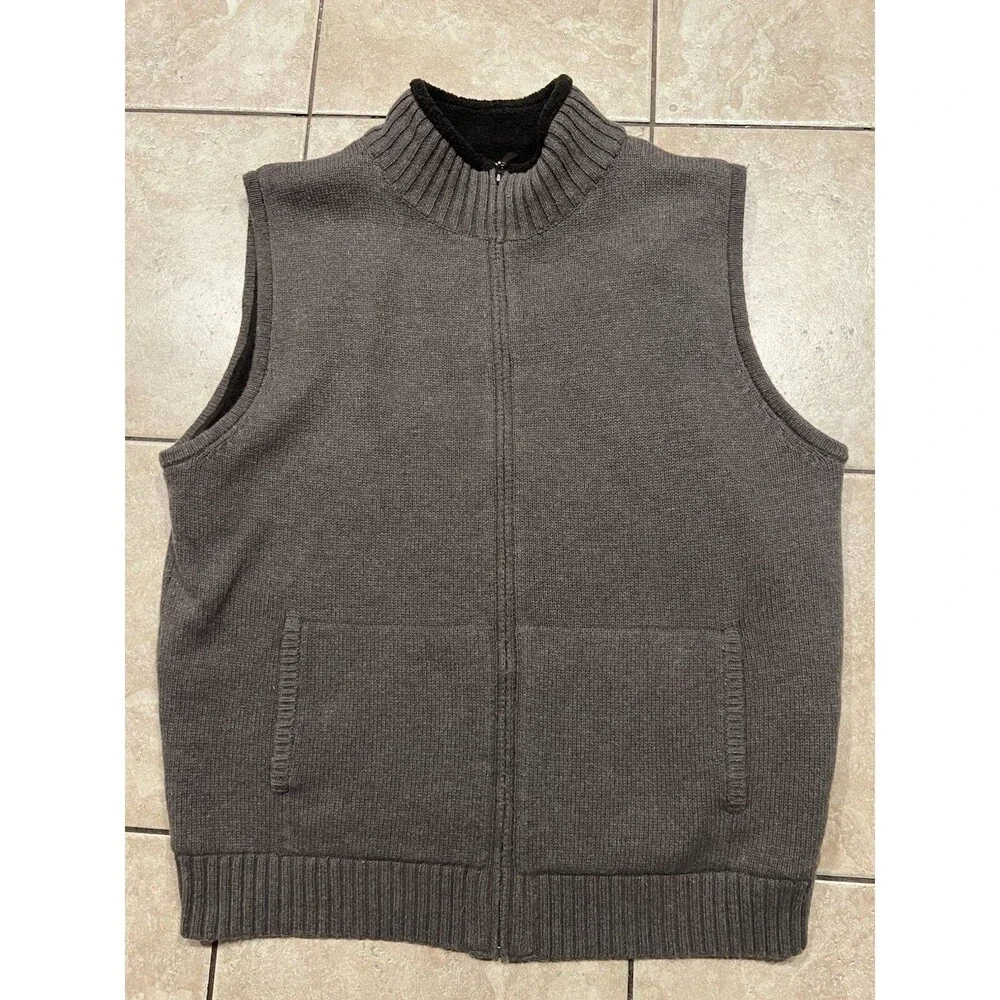 LL Bean Sweater Vest Mens Large Waterfowl Full Zip Lambs Wool Blend Pockets